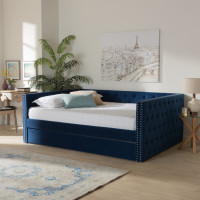 Baxton Studio CF9227-Navy Blue Velvet-Daybed-FT Baxton Studio Larkin Modern and Contemporary Navy Blue Velvet Fabric Upholstered Full Size Daybed with Trundle